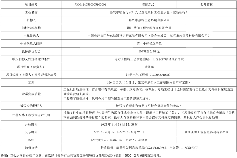 嘉兴市联合污水厂光伏发电项目工程总承包(重新招标)中标候选公示-环保卫士