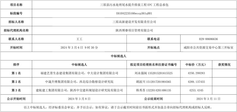 陕西三原县污水处理尾水提升排放工程EPC工程总承包中标候选人公示-环保卫士