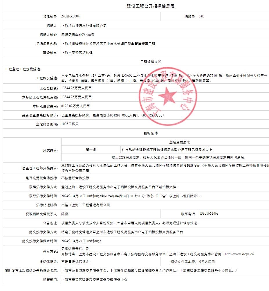 1.3亿！上海杭州湾经济技术开发区工业废水处理厂配套管道工程招标！-环保卫士